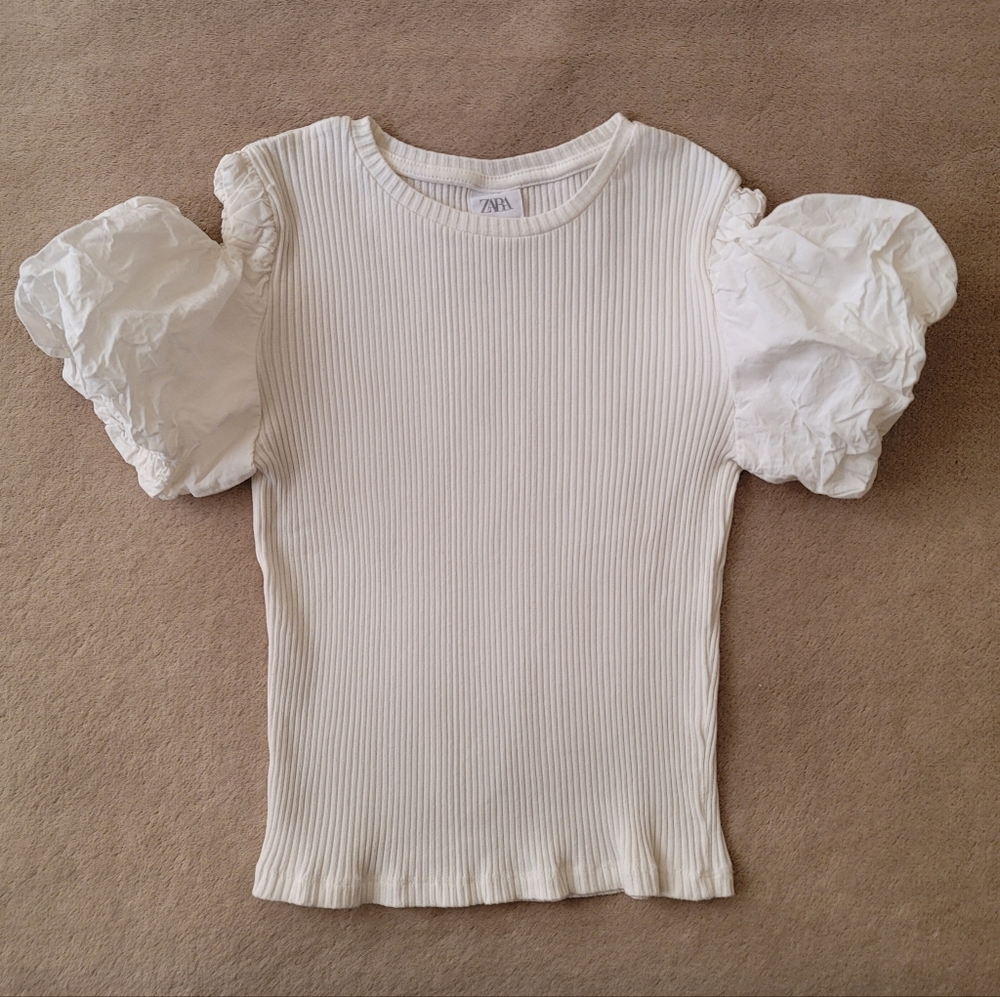 Zara Girl Cream Puffy Sleeves Cold Shoulder Ribbed Top Size 11-12 (cm 152')